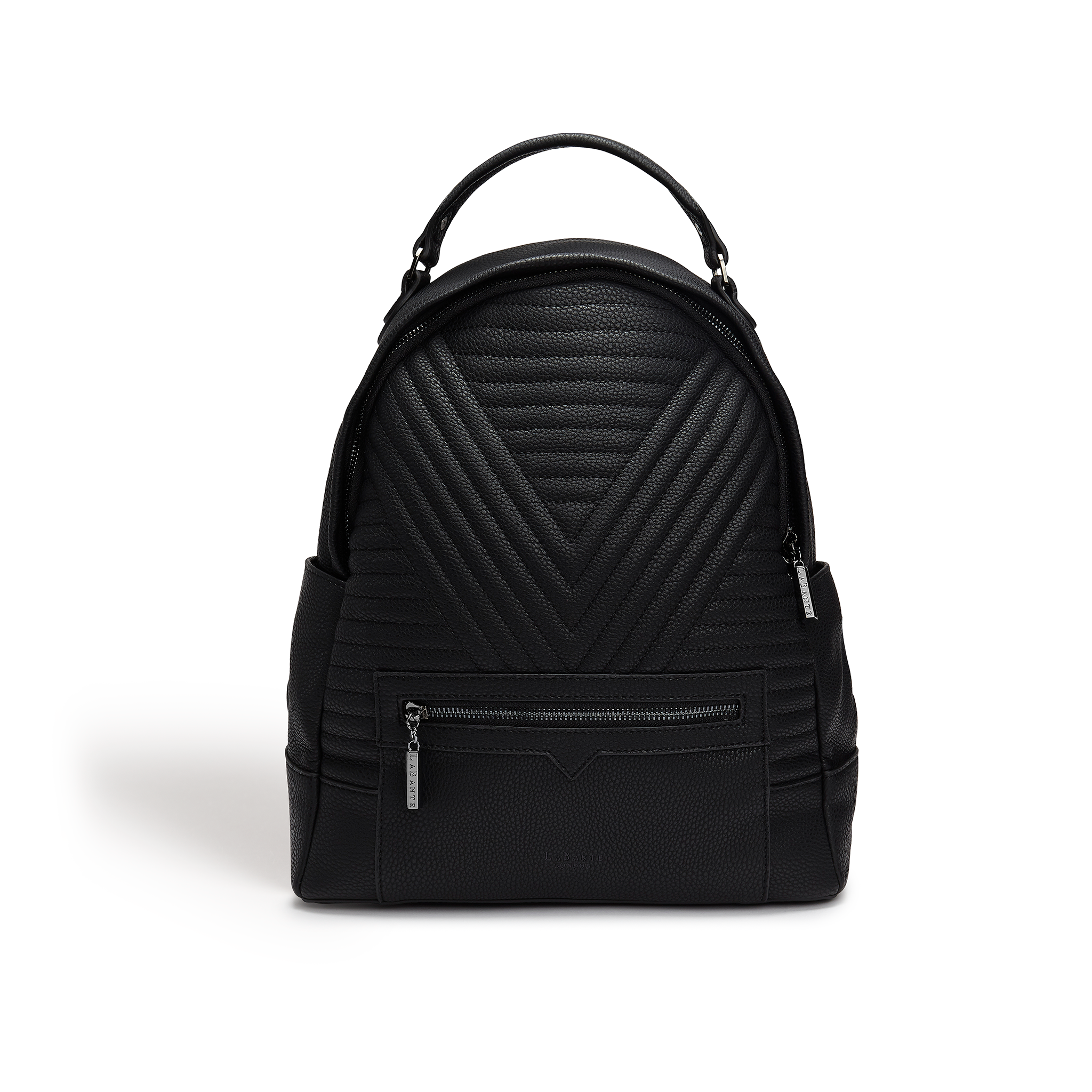 Black Camberwell Vegan Quilted Backpack with gold hardware and chain detailing, showcasing its stylish quilted design.