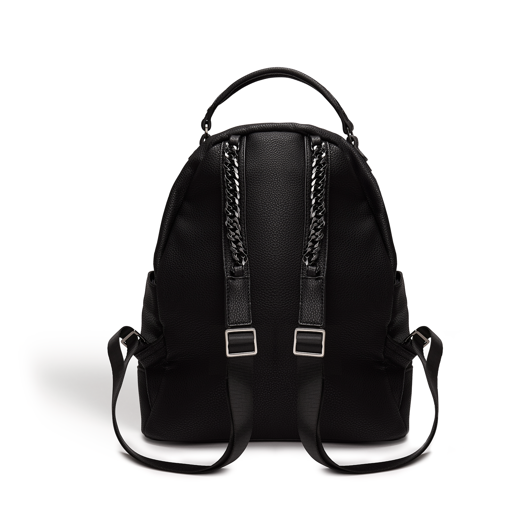 Black Camberwell Vegan Quilted Backpack with gold hardware and chain detailing, showcasing its stylish quilted design.