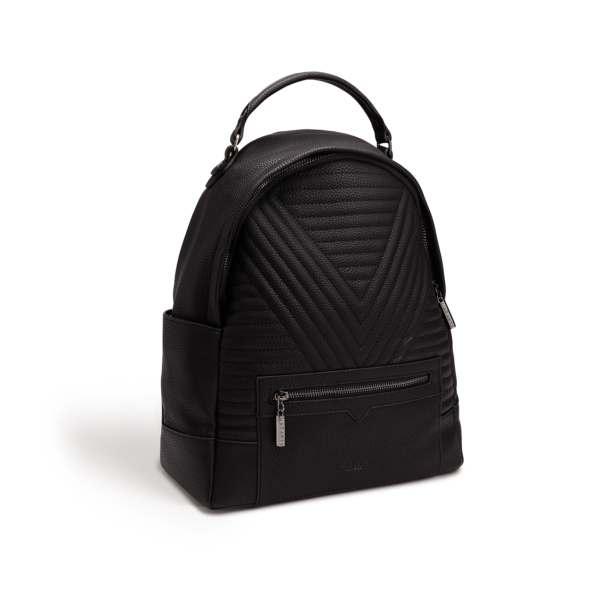 Black Camberwell Vegan Quilted Backpack with gold hardware and chain detailing, showcasing its stylish quilted design.