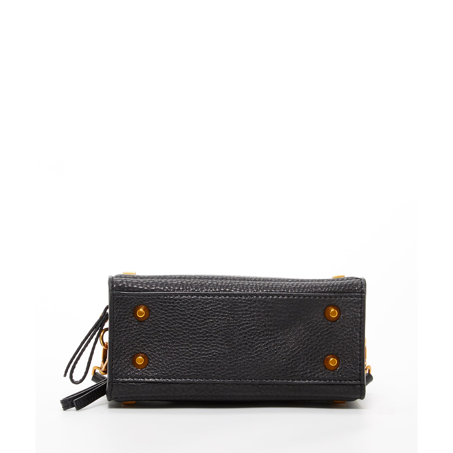 A stylish black leather crossbody bag with rose gold studs and hardware, featuring a boxy silhouette and adjustable strap.