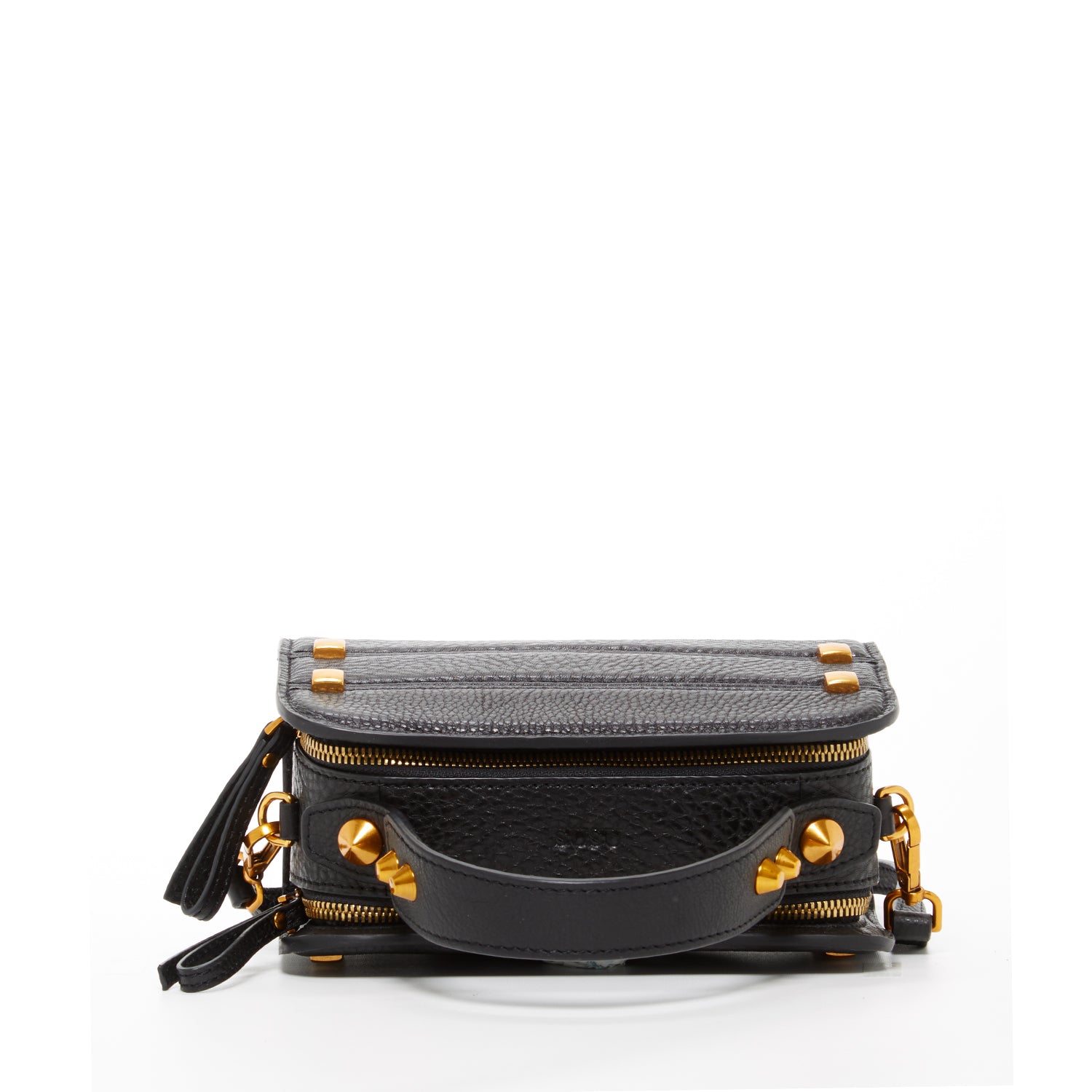 A stylish black leather crossbody bag with rose gold studs and hardware, featuring a boxy silhouette and adjustable strap.