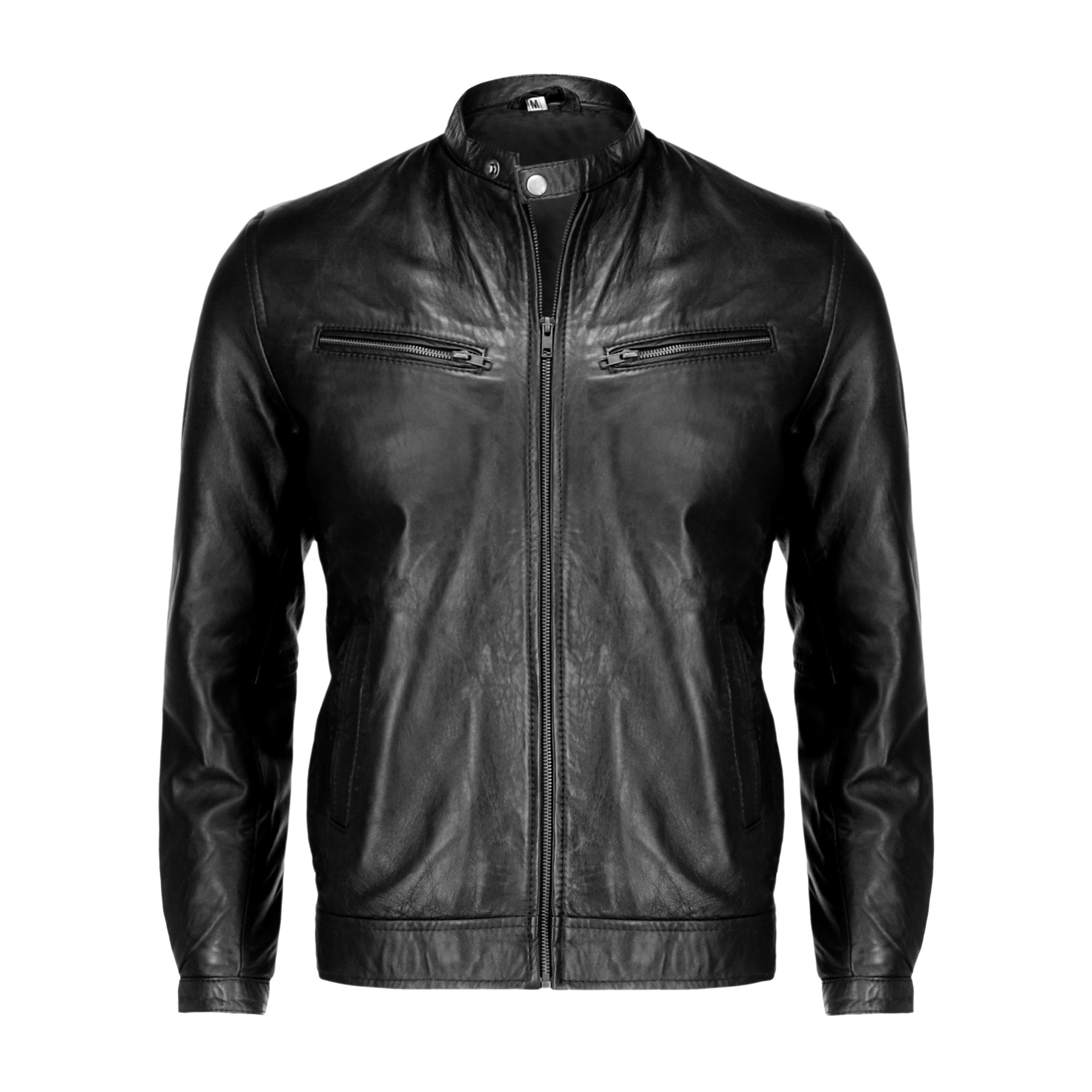 Black men's pure sheep leather jacket featuring a zipper front, snap button collar, and front pockets, showcasing a modern fit and stylish design.