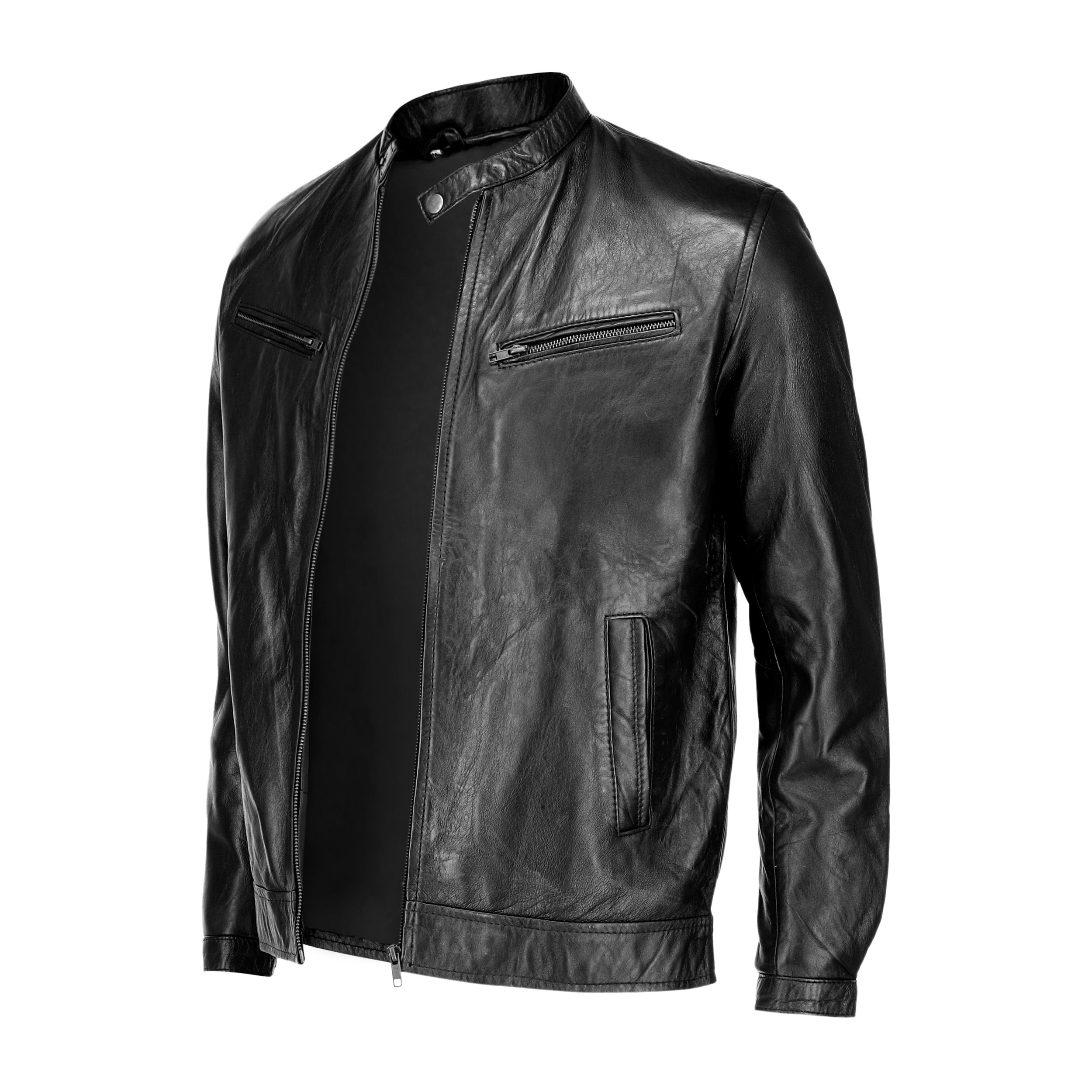 Black men's pure sheep leather jacket featuring a zipper front, snap button collar, and front pockets, showcasing a modern fit and stylish design.