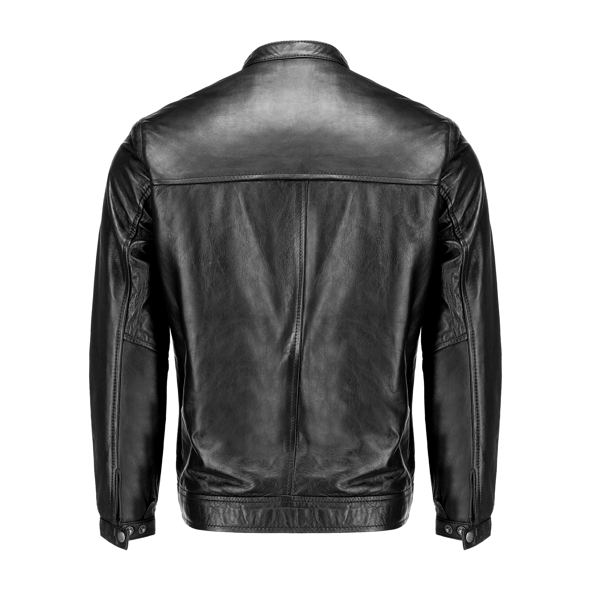 Black men's pure sheep leather jacket featuring a zipper front, snap button collar, and front pockets, showcasing a modern fit and stylish design.