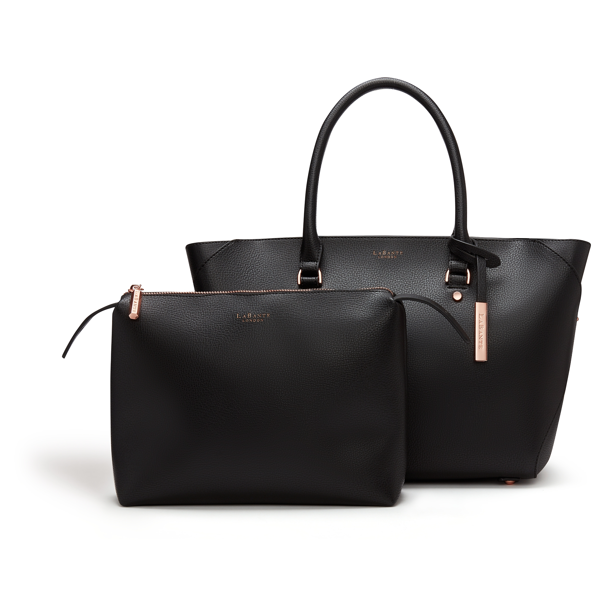 Black Sophie Vegan Leather Tote Bag with matching pouch, showcasing its stylish design and spacious interior.