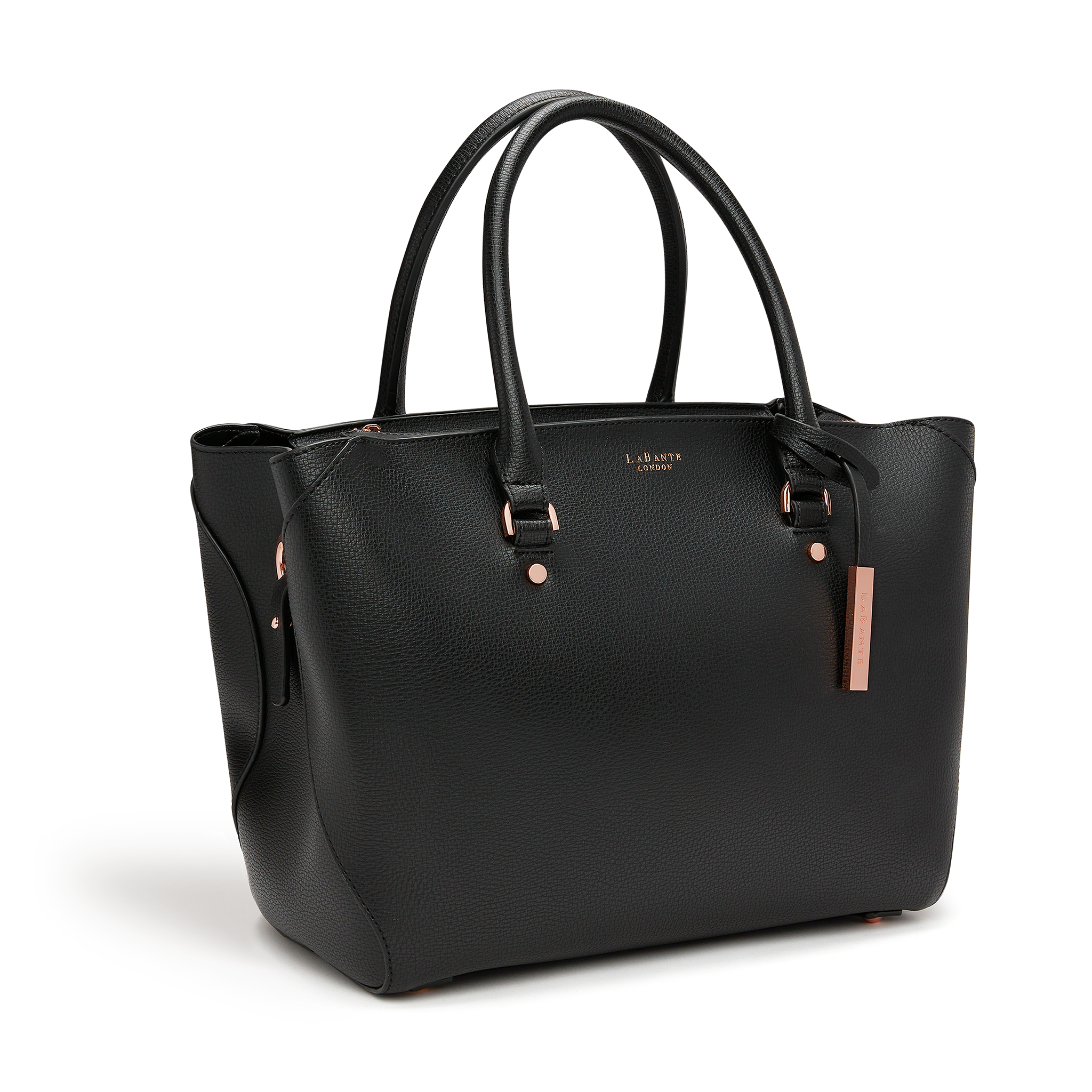 Black Sophie Vegan Leather Tote Bag with matching pouch, showcasing its stylish design and spacious interior.