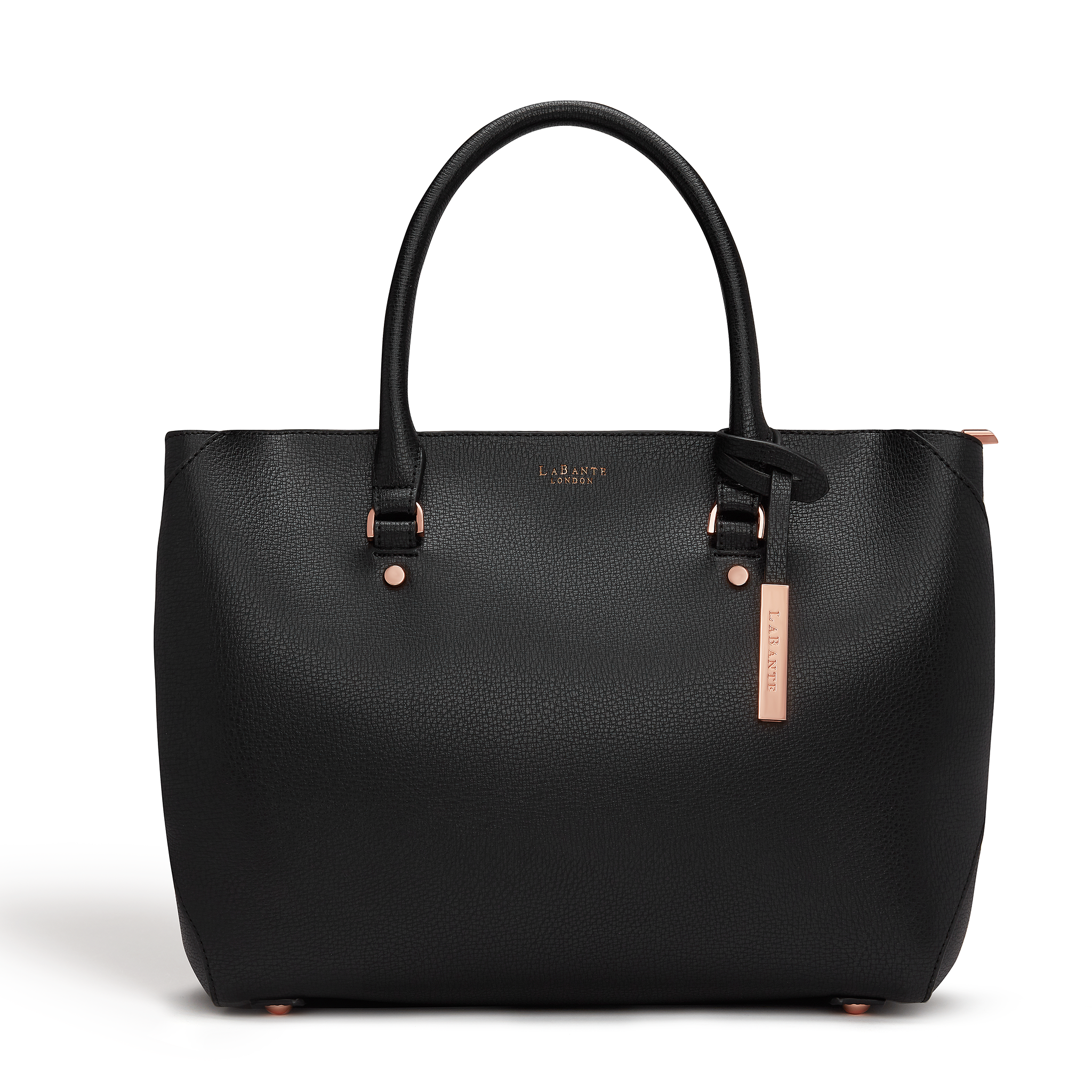 Black Sophie Vegan Leather Tote Bag with matching pouch, showcasing its stylish design and spacious interior.