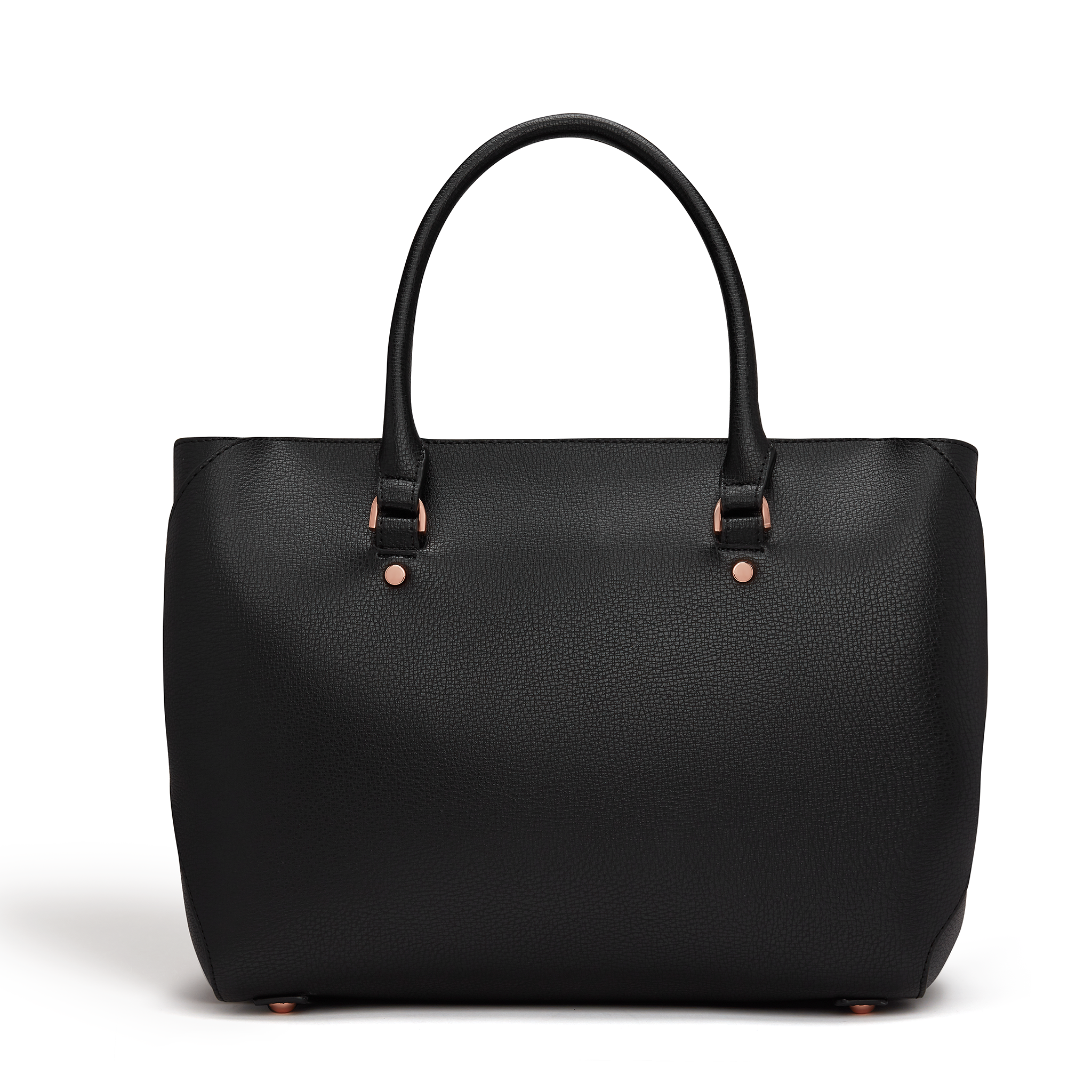 Black Sophie Vegan Leather Tote Bag with matching pouch, showcasing its stylish design and spacious interior.