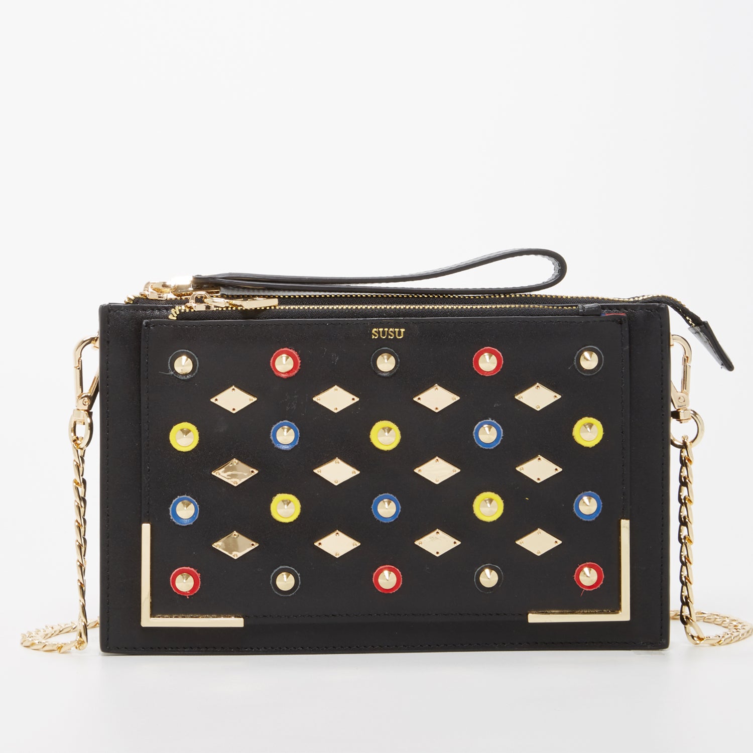 Black Studded Crossbody Clutch with gold chain and leather straps, featuring a chic square silhouette and zipped pockets.