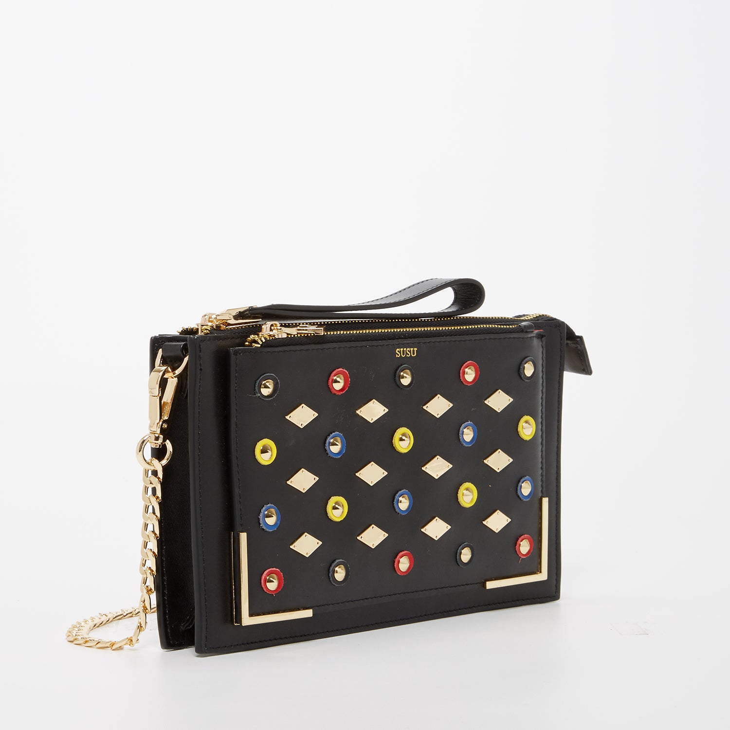 Black Studded Crossbody Clutch with gold chain and leather straps, featuring a chic square silhouette and zipped pockets.