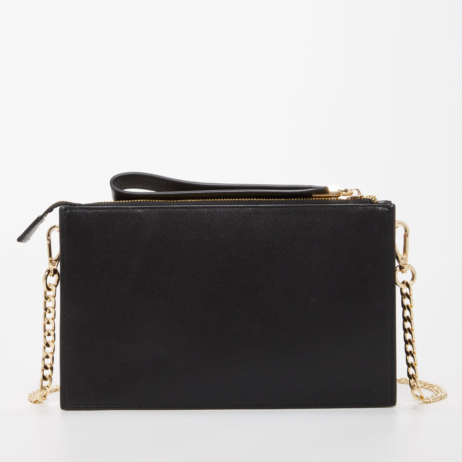 Black Studded Crossbody Clutch with gold chain and leather straps, featuring a chic square silhouette and zipped pockets.