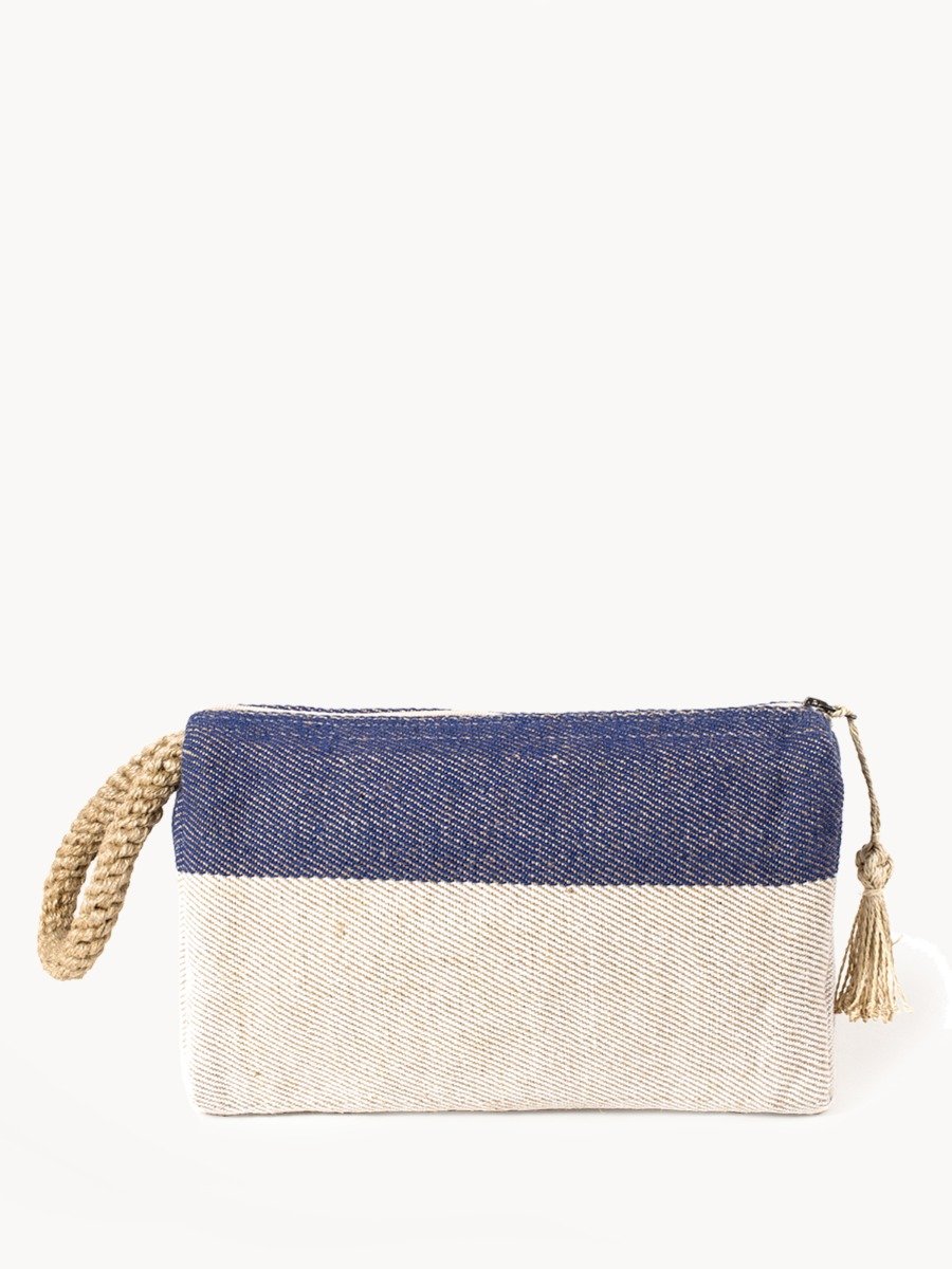 Block A Clutch in Blue with macrame handle, showcasing its spacious design and vibrant color.