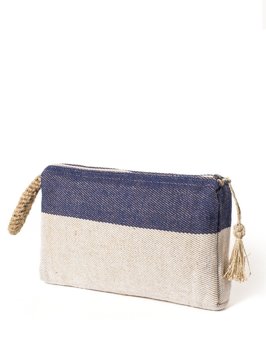 Block A Clutch in Blue with macrame handle, showcasing its spacious design and vibrant color.