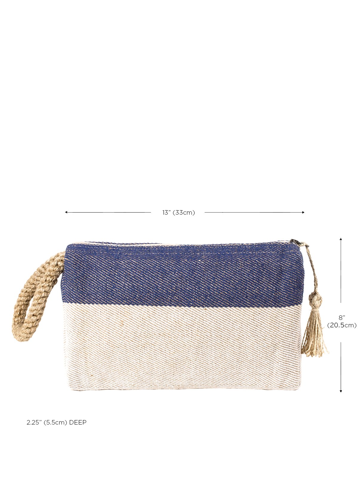 Block A Clutch in Blue with macrame handle, showcasing its spacious design and vibrant color.