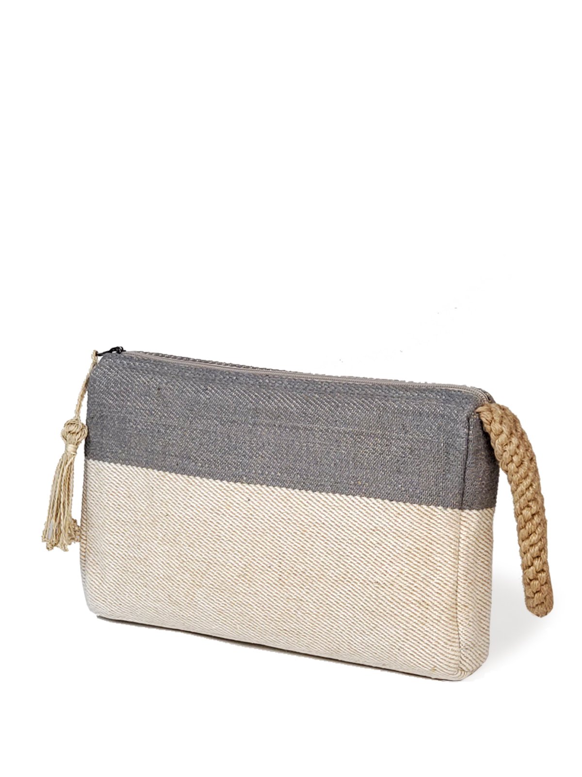 Gray Block A Clutch made from jute-cotton fabric with macrame handle.