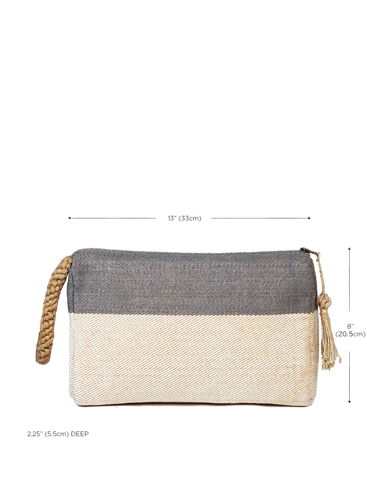 Gray Block A Clutch made from jute-cotton fabric with macrame handle.