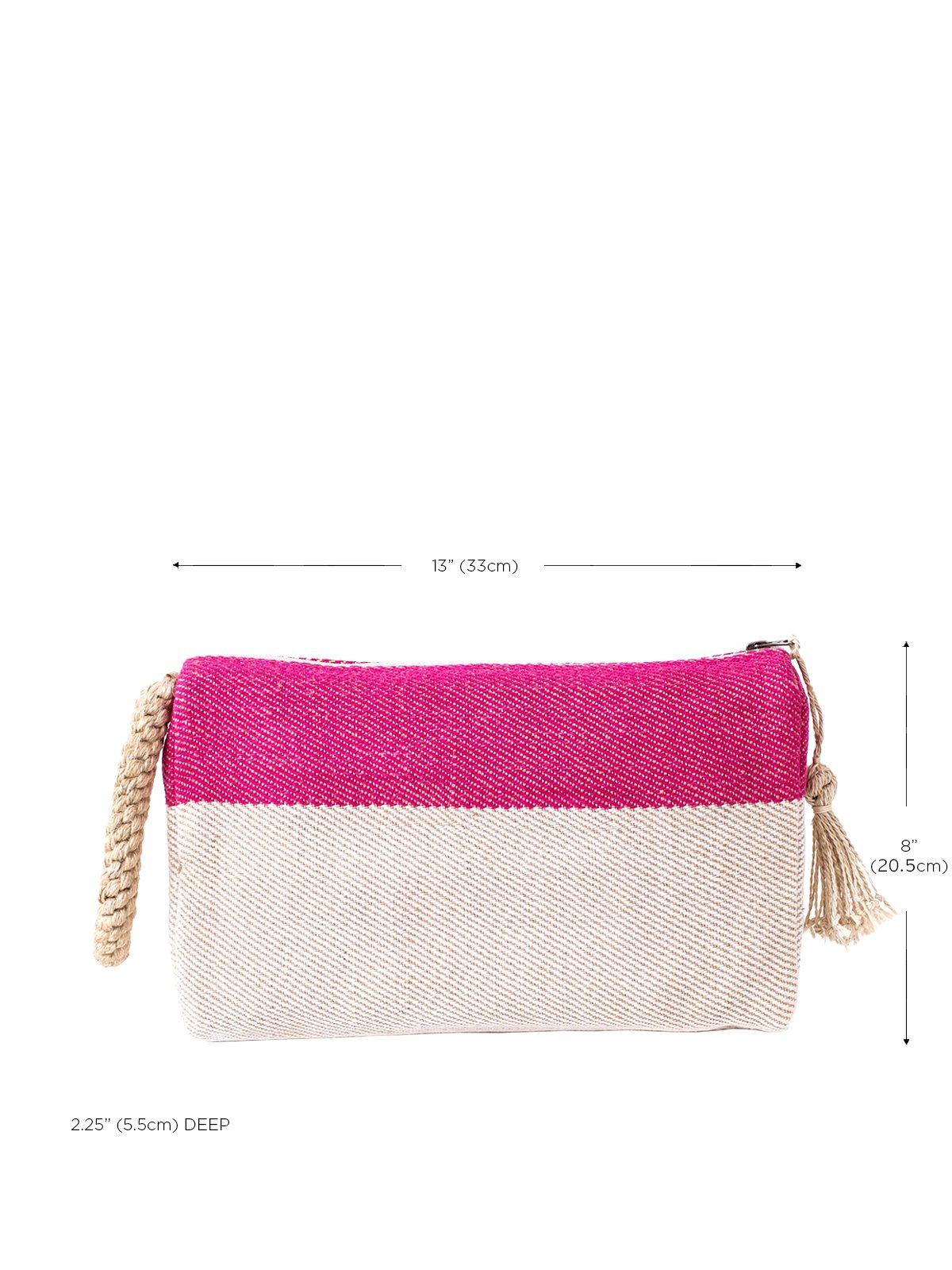 Block A Clutch in Pink with oversized macrame handle, showcasing its jute-cotton fabric and zipper enclosure.