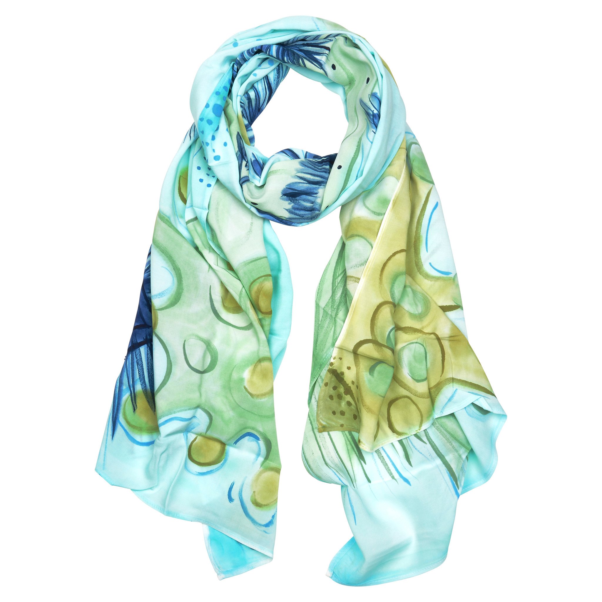 A vibrant Blue Sea hand painted scarf featuring original artwork, showcasing intricate designs and colors, made from soft rayon fabric.