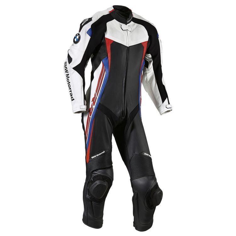 BMW Double R Race Suit made of 1.2 mm thick cowhide, featuring protective sliders and a sleek aerodynamic design.