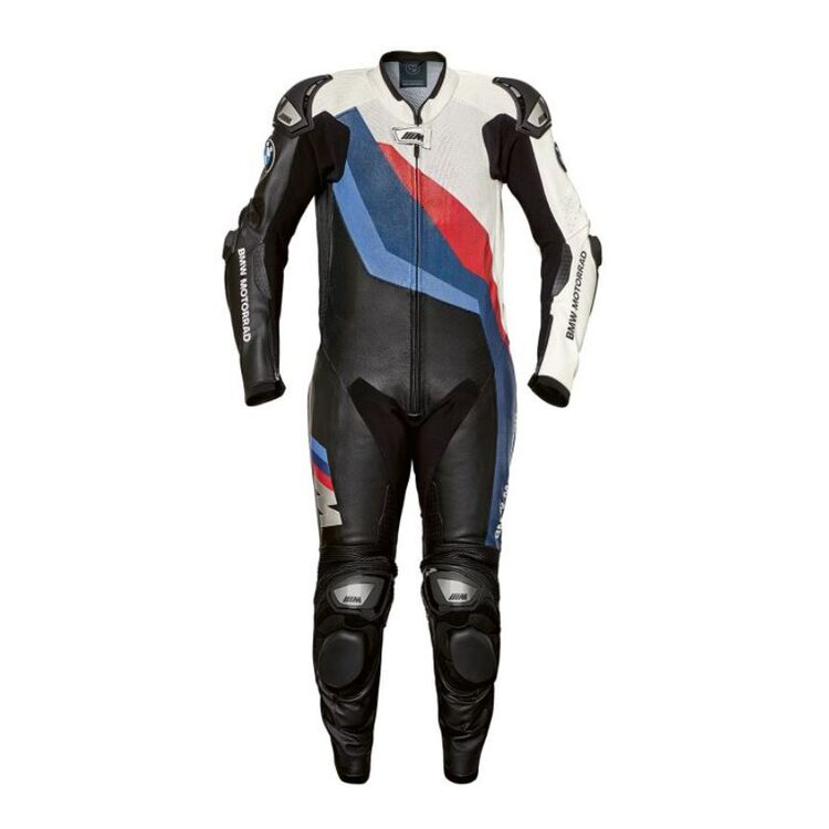 BMW M Pro Comp Race Suit in Nappa leather with M Motorsport colors, featuring protectors and aerodynamic hump.