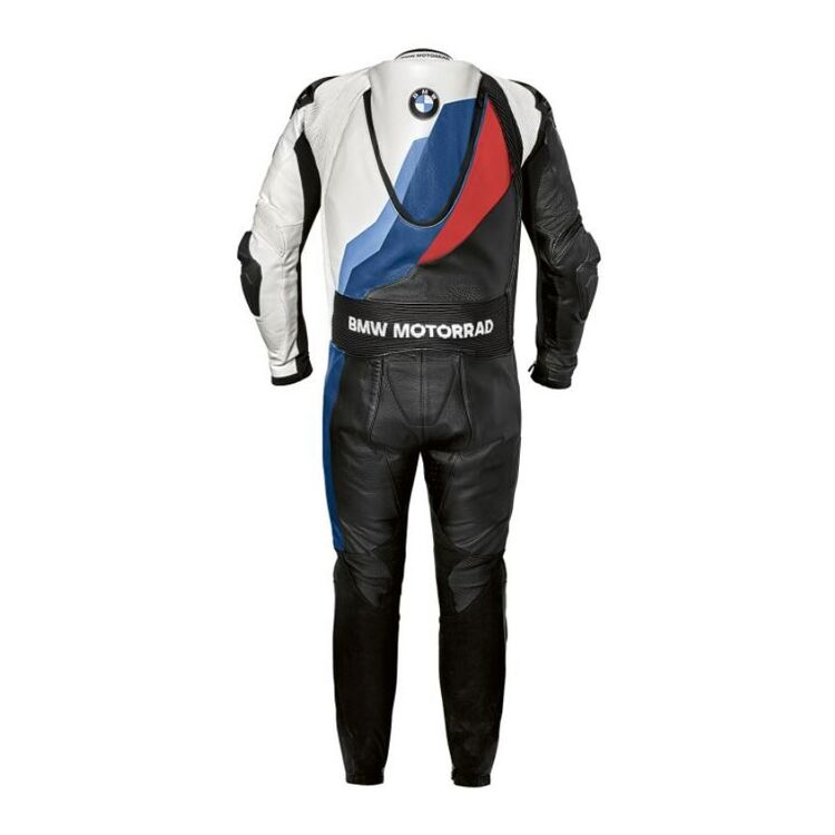 BMW M Pro Comp Race Suit in Nappa leather with M Motorsport colors, featuring protectors and aerodynamic hump.