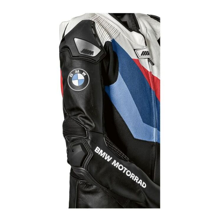 BMW M Pro Comp Race Suit in Nappa leather with M Motorsport colors, featuring protectors and aerodynamic hump.