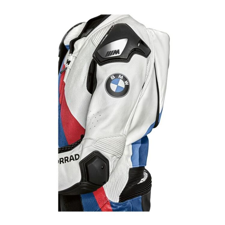 BMW M Pro Comp Race Suit in Nappa leather with M Motorsport colors, featuring protectors and aerodynamic hump.