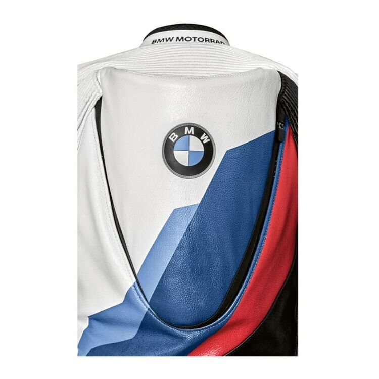 BMW M Pro Comp Race Suit in Nappa leather with M Motorsport colors, featuring protectors and aerodynamic hump.