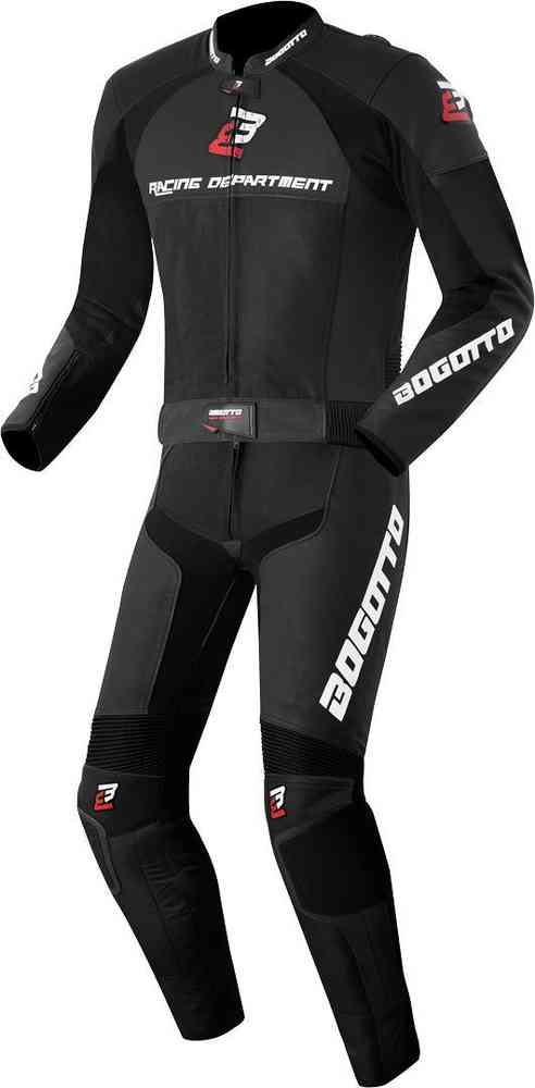 Bogotto Losail Two Piece Motorcycle Leather Suit featuring sporty prints and protective features, made from high-quality cowhide leather.