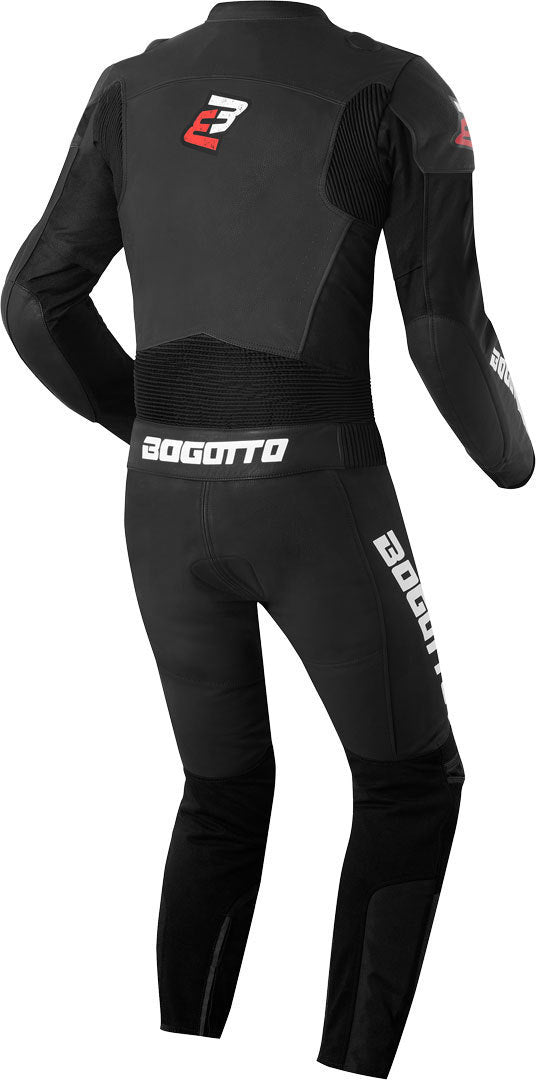 Bogotto Losail Two Piece Motorcycle Leather Suit featuring sporty prints and protective features, made from high-quality cowhide leather.