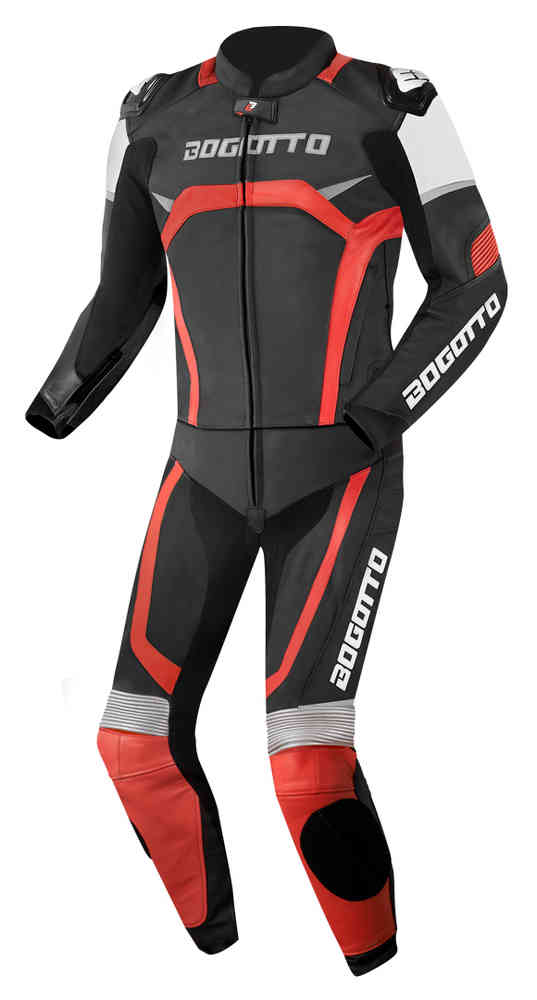 Bogotto Misano Two Piece Motorcycle Leather Suit showcasing high-quality cowhide leather, ergonomic design, and reflective patches for visibility.