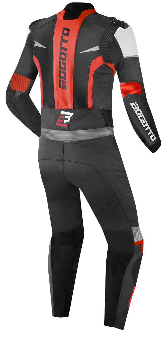 Bogotto Misano Two Piece Motorcycle Leather Suit showcasing high-quality cowhide leather, ergonomic design, and reflective patches for visibility.