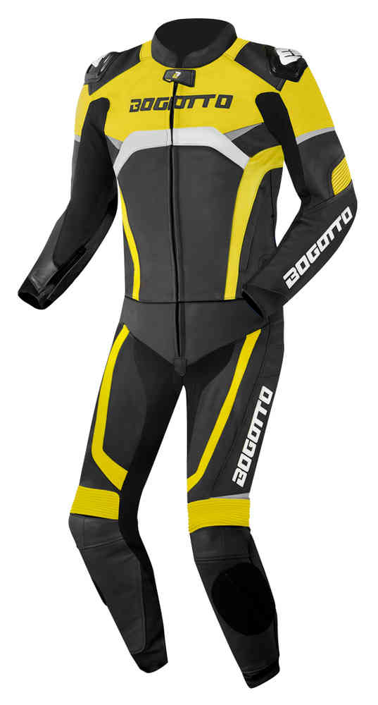 Bogotto Misano Two Piece Motorcycle Leather Suit showcasing premium cowhide leather, ergonomic design, and reflective patches for visibility.