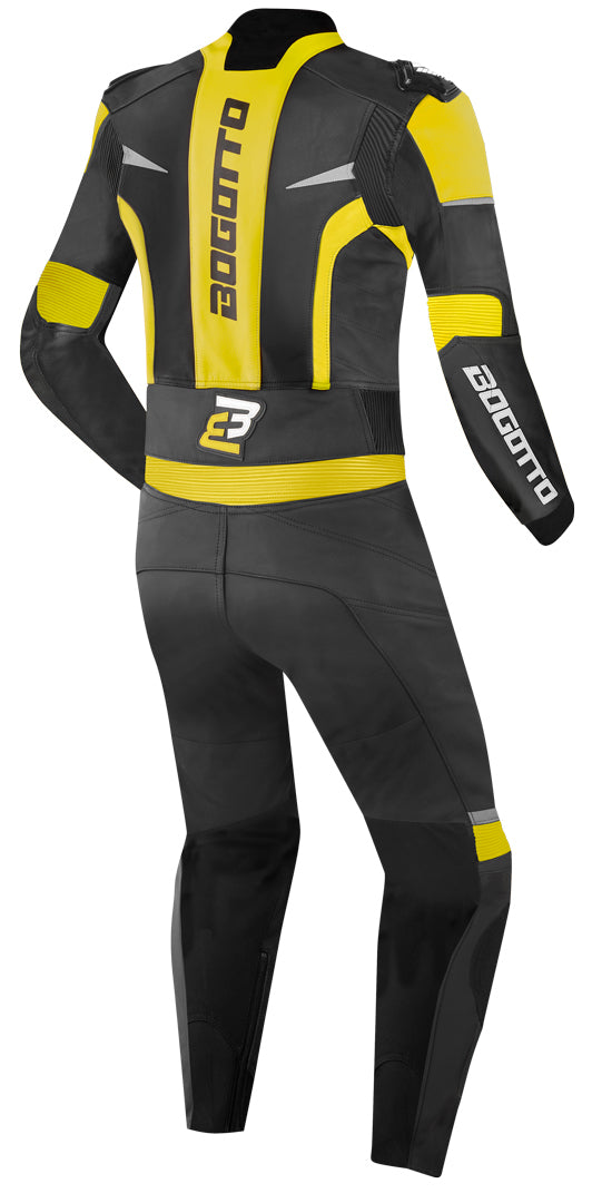 Bogotto Misano Two Piece Motorcycle Leather Suit showcasing premium cowhide leather, ergonomic design, and reflective patches for visibility.