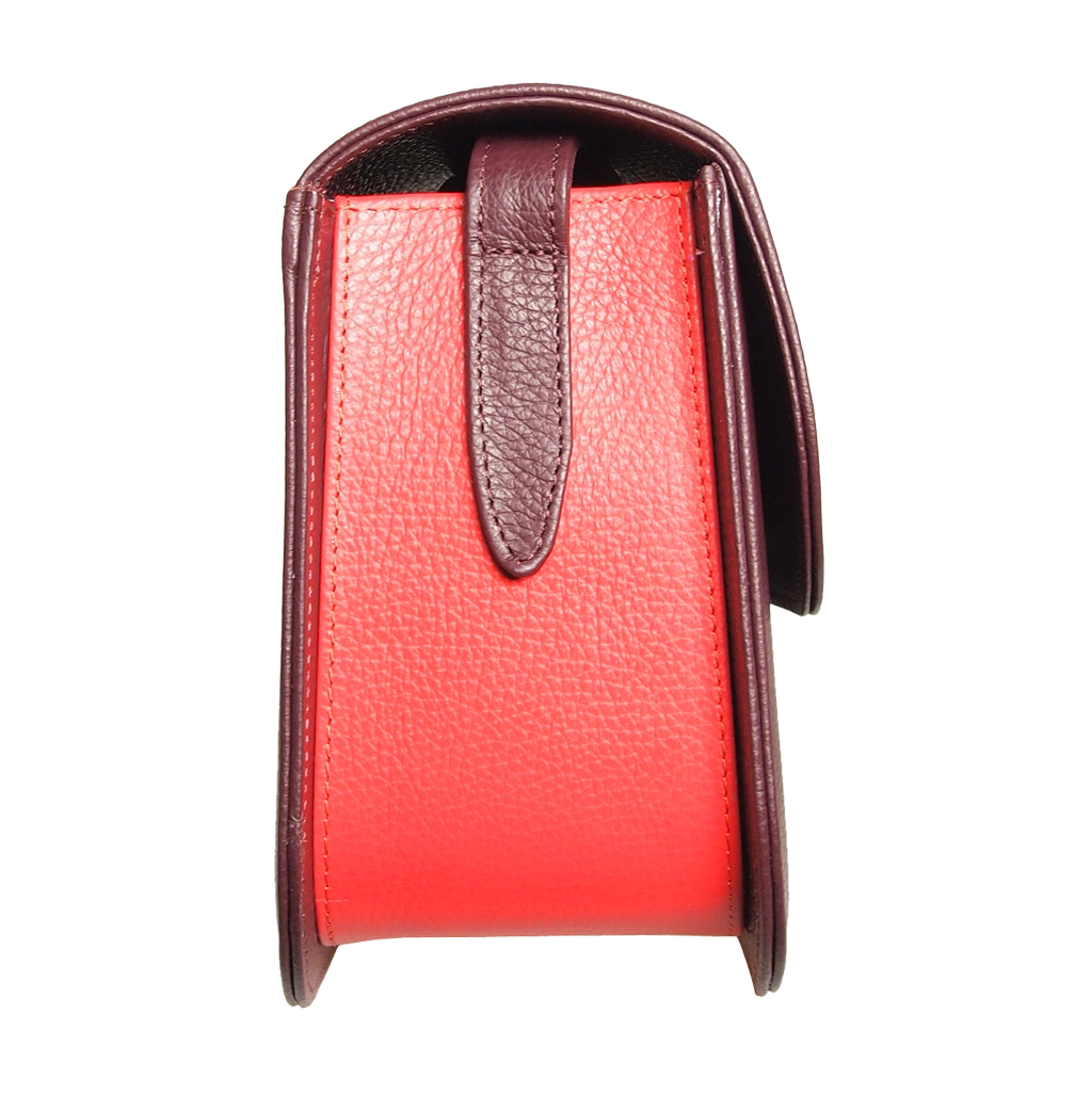 Bordeaux Midi Shoulder Textured Leather Handbag featuring pebbled calf leather and coral red accents, showcasing its spacious interior and stylish design.