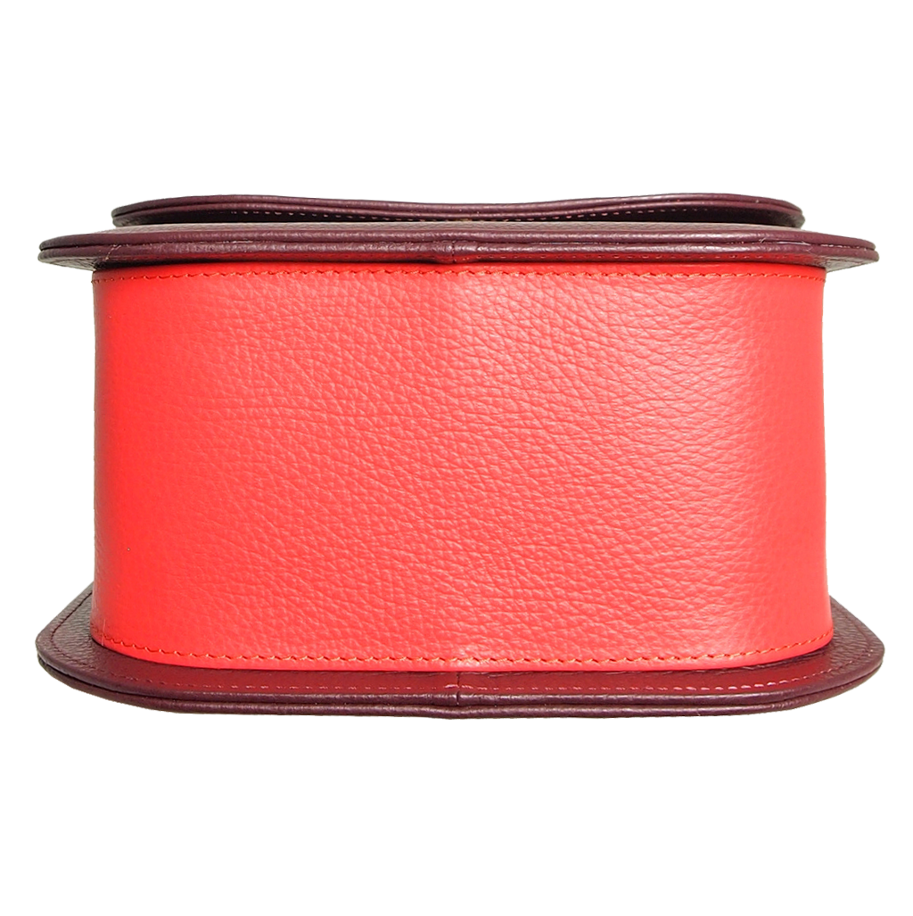 Bordeaux Midi Shoulder Textured Leather Handbag featuring pebbled calf leather and coral red accents, showcasing its spacious interior and stylish design.