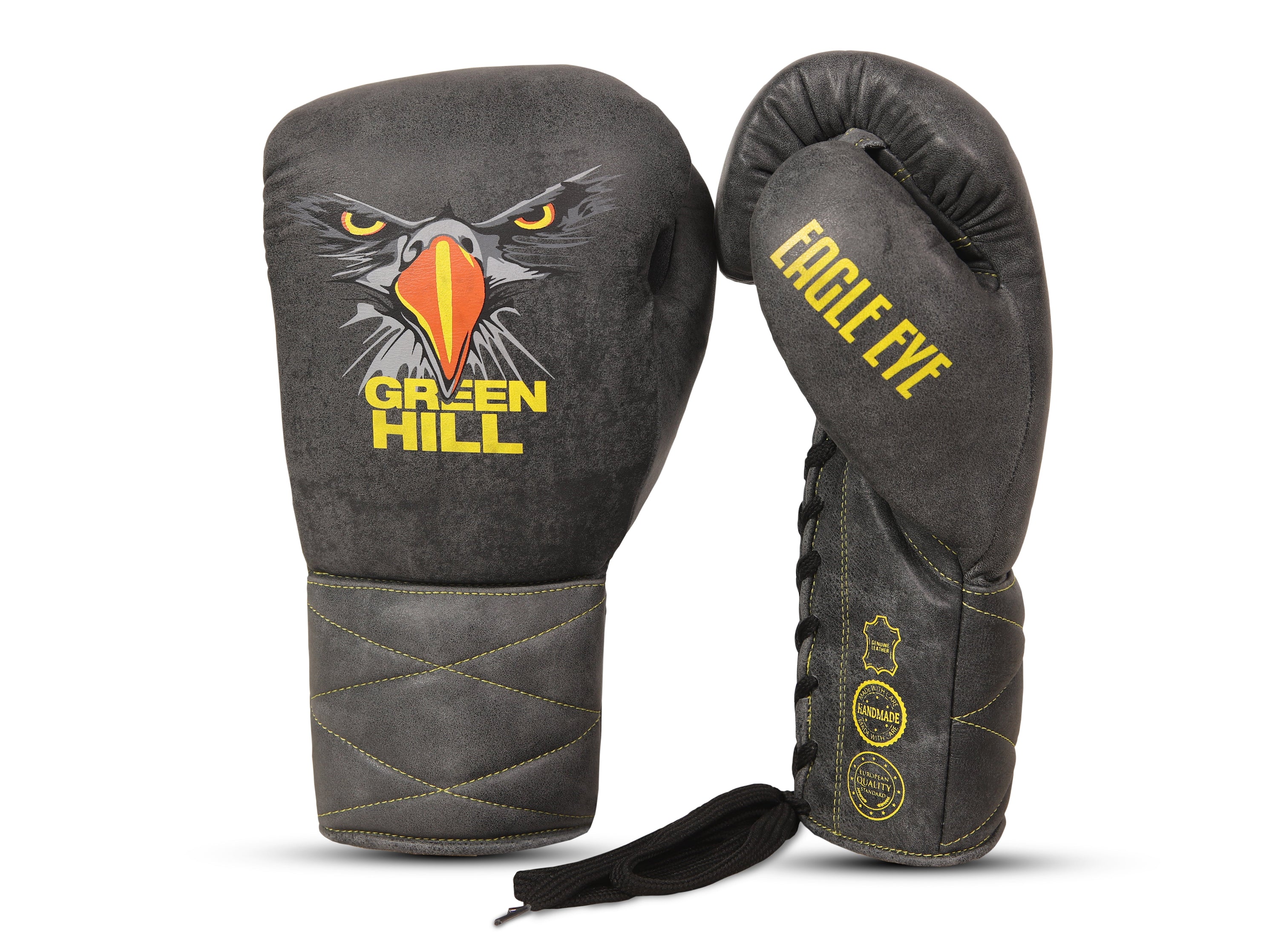 Eagle Eye Boxing Gloves in premium leather with extra padding, showcasing fast laces and reinforced stitching for durability.