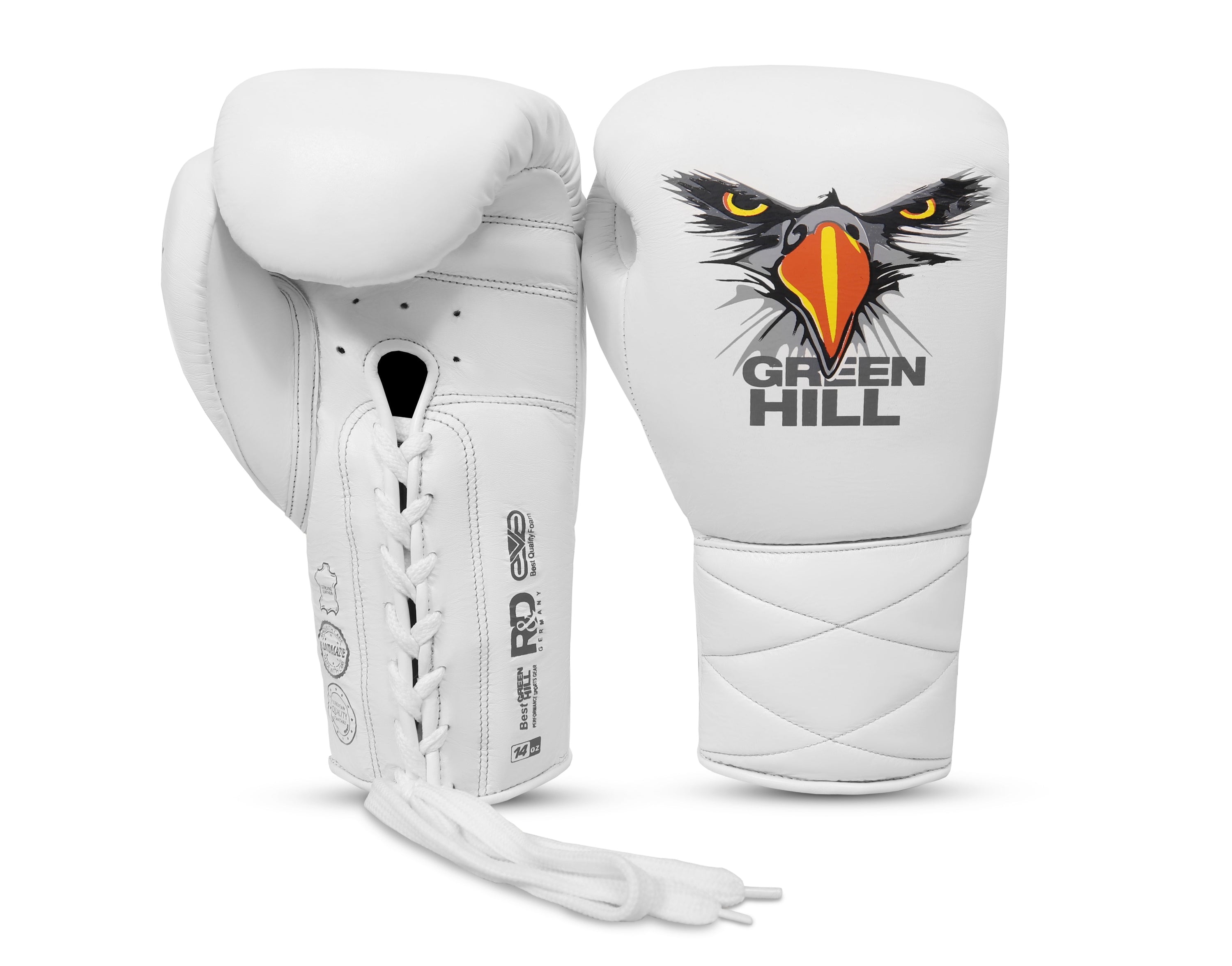 Eagle Eye Boxing Gloves in premium leather with extra padding, showcasing fast laces and reinforced stitching for durability.