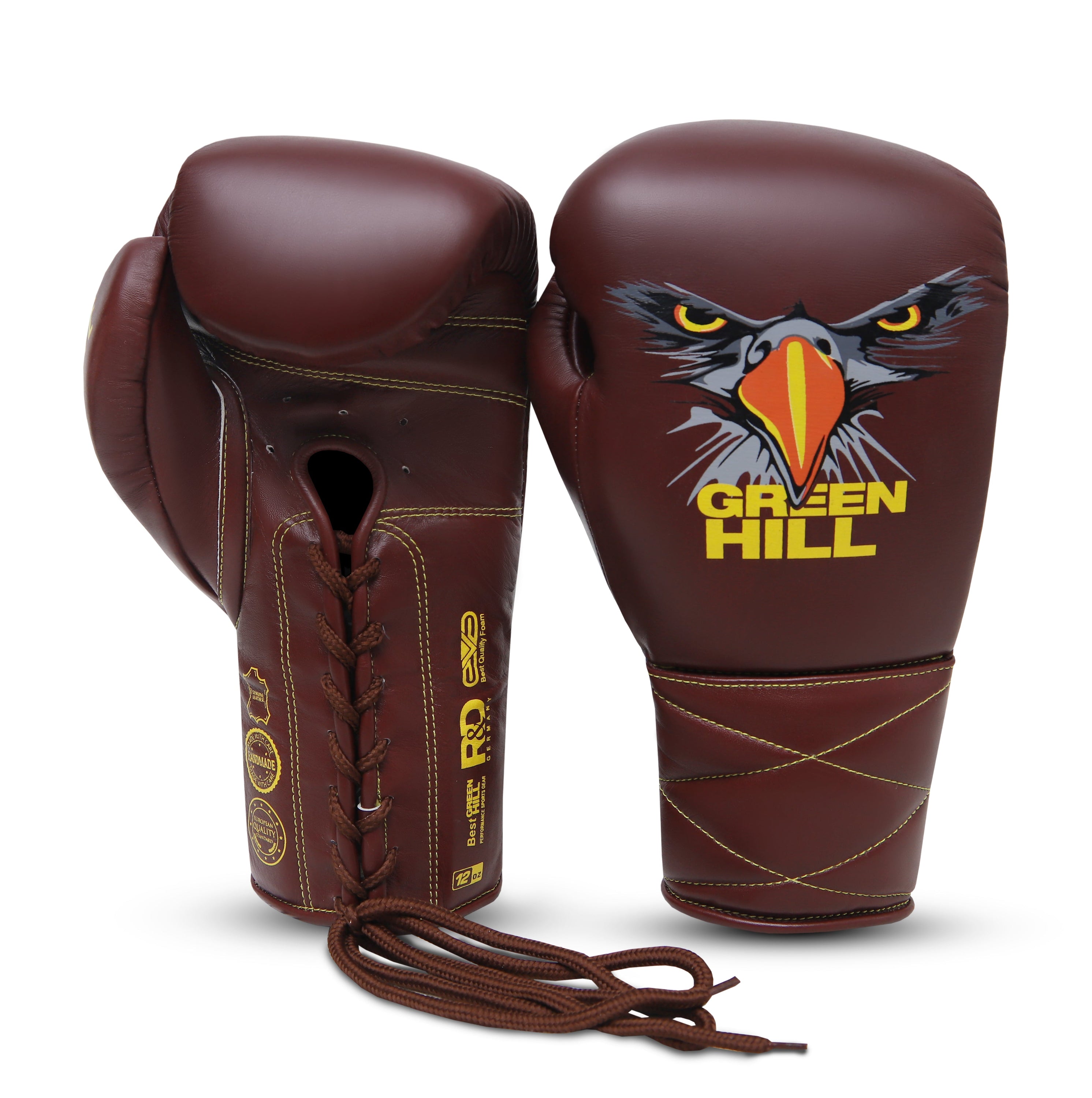 Eagle Eye Boxing Gloves in premium leather with extra padding, showcasing fast laces and reinforced stitching for durability.