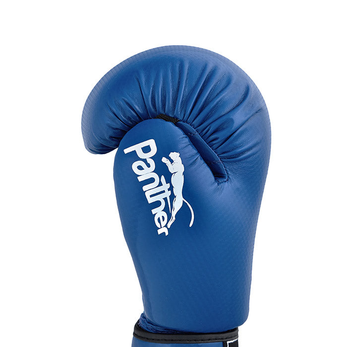 PANTHER Boxing Gloves in red, blue, and black colors, showcasing their durable artificial leather material and training design.