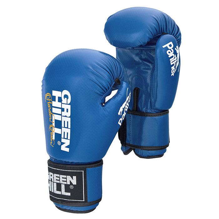 PANTHER Boxing Gloves in red, blue, and black colors, showcasing their durable artificial leather material and training design.