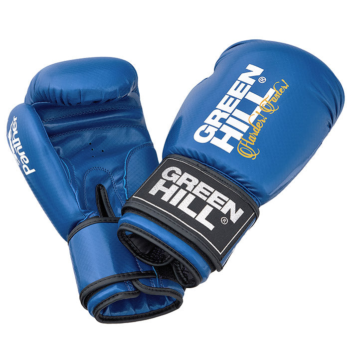 PANTHER Boxing Gloves in red, blue, and black colors, showcasing their durable artificial leather material and training design.