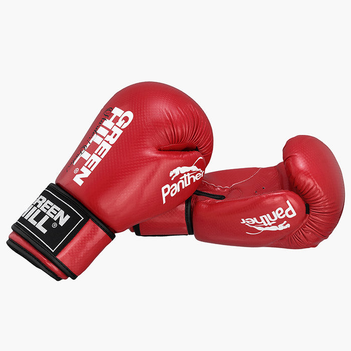 PANTHER Boxing Gloves in red, blue, and black colors, showcasing their durable artificial leather material and training design.