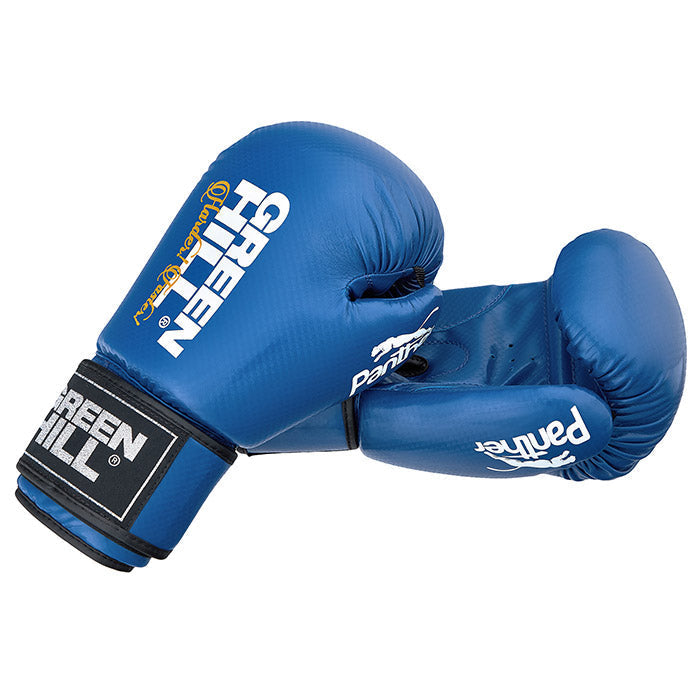 PANTHER Boxing Gloves in red, blue, and black colors, showcasing their durable artificial leather material and training design.