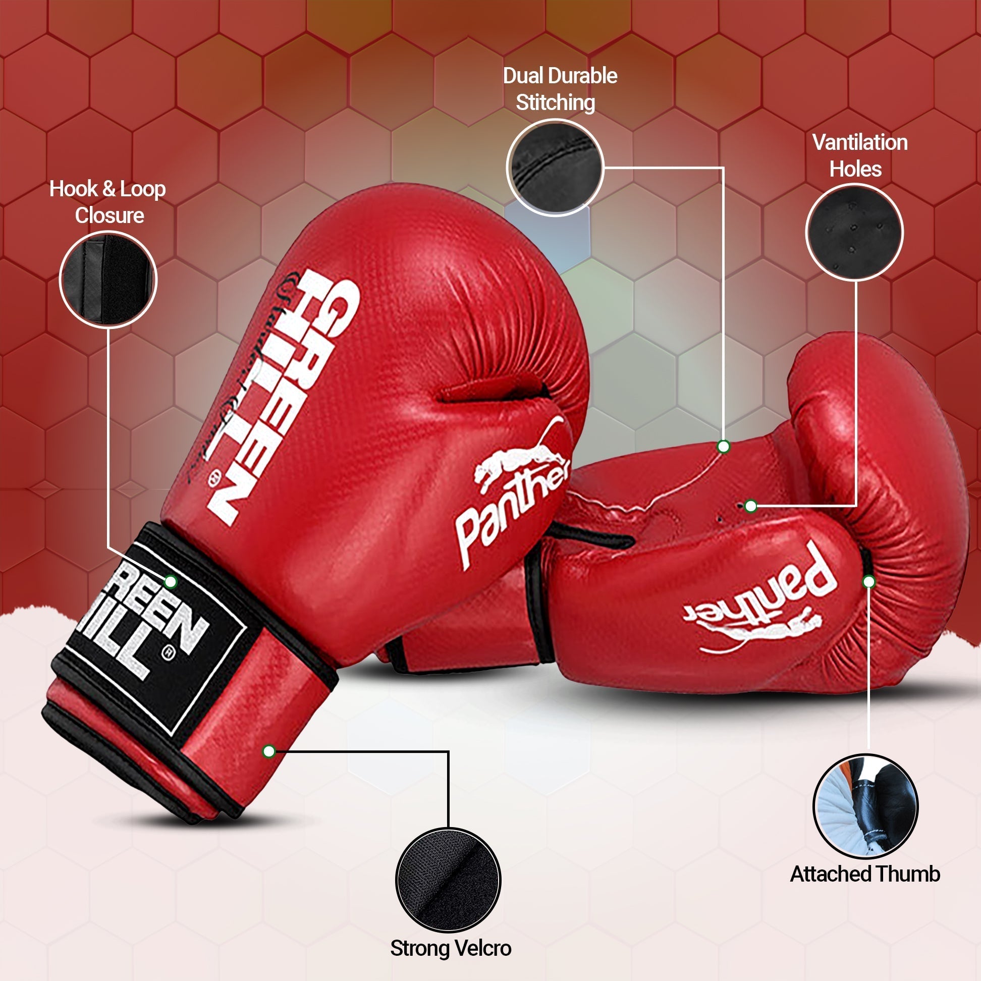 PANTHER Boxing Gloves in red, blue, and black colors, showcasing their durable artificial leather material and training design.