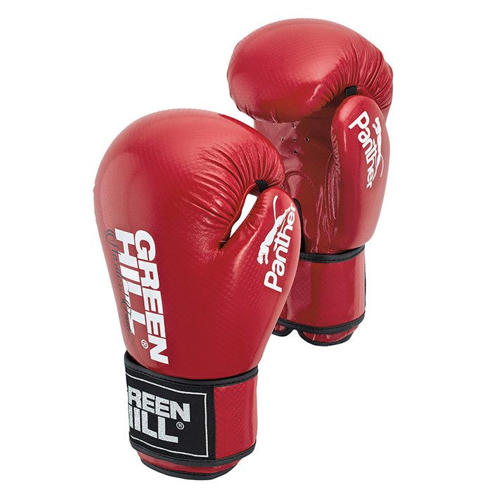 PANTHER Boxing Gloves in red, blue, and black colors, showcasing their durable artificial leather material and training design.