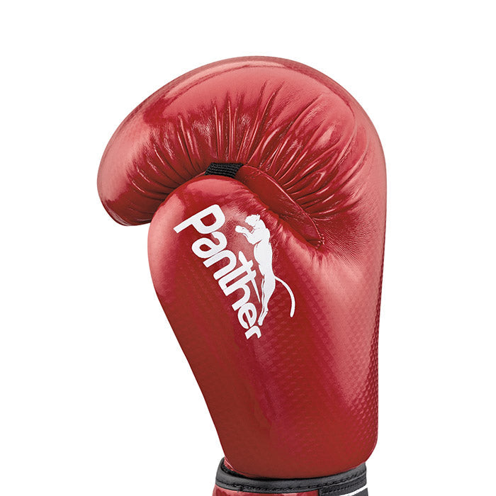 PANTHER Boxing Gloves in red, blue, and black colors, showcasing their durable artificial leather material and training design.