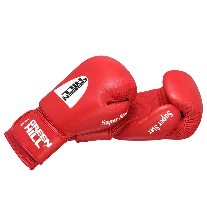 A pair of SUPER STAR IBA Approved Boxing Gloves in red and blue, showcasing high-quality cowhide leather and elegant piping design.