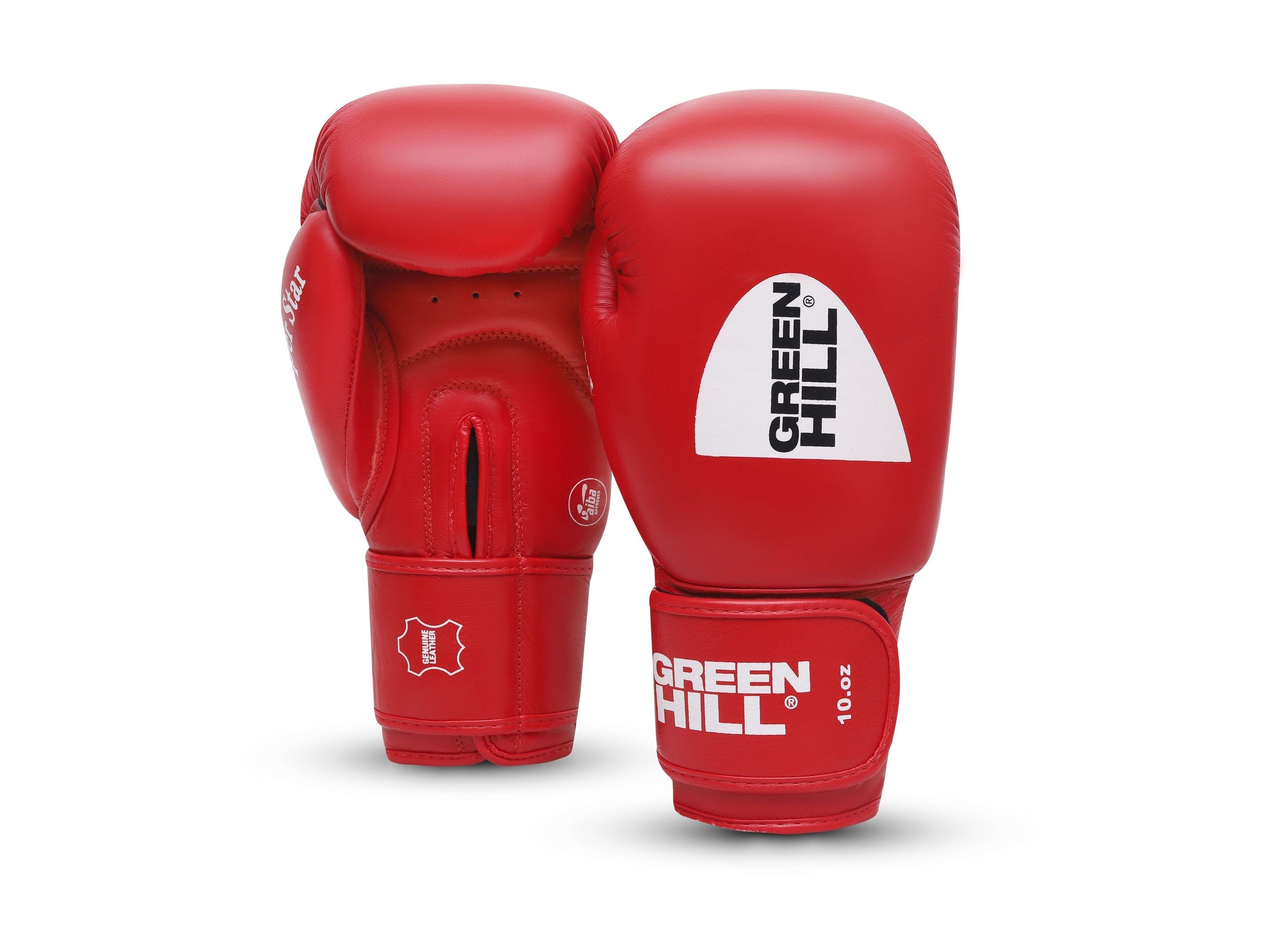 A pair of SUPER STAR IBA Approved Boxing Gloves in red and blue, showcasing high-quality cowhide leather and elegant piping design.