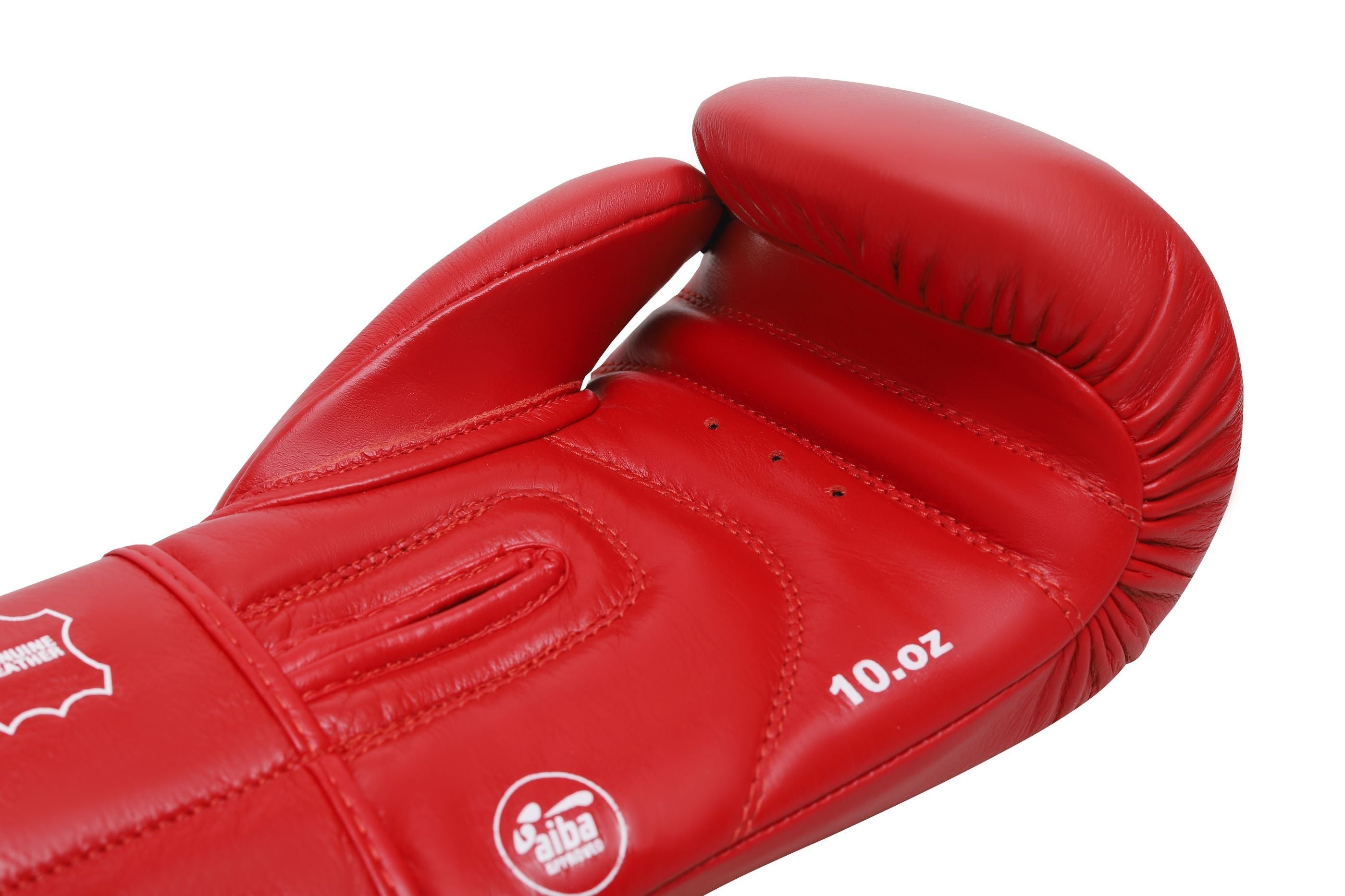 A pair of SUPER STAR IBA Approved Boxing Gloves in red and blue, showcasing high-quality cowhide leather and elegant piping design.